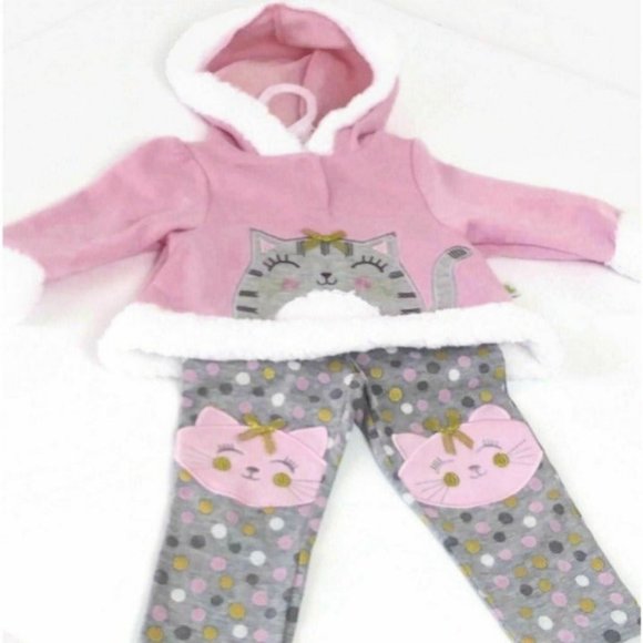 Baby Girl Winter Hoodie Outfit Warm Set 2 PC Cat Pink/Gray Duck.Duck.Goose Gift - Picture 1 of 11